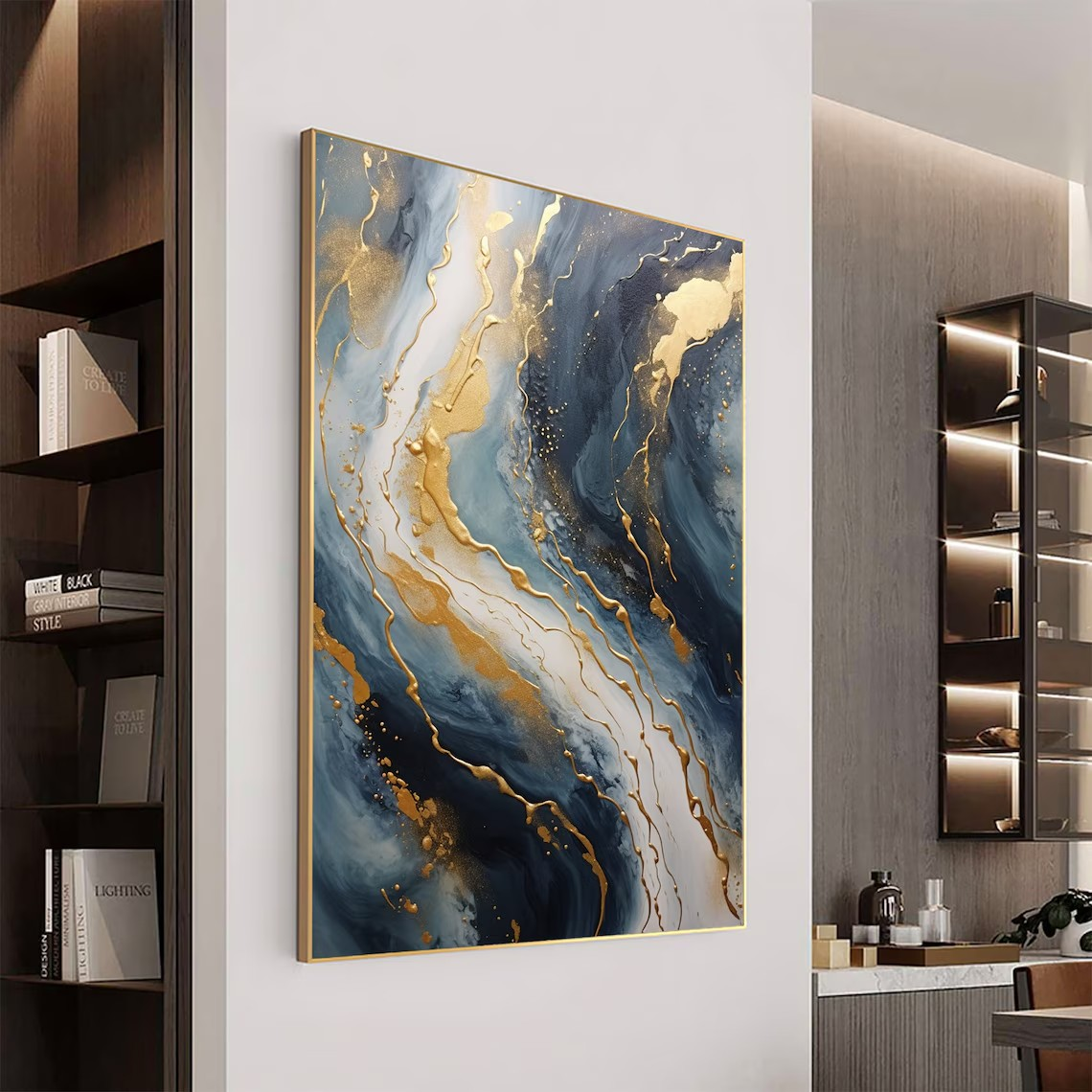 Elegant Flow Abstract Wall Art in Blue and Gold #BGA 056