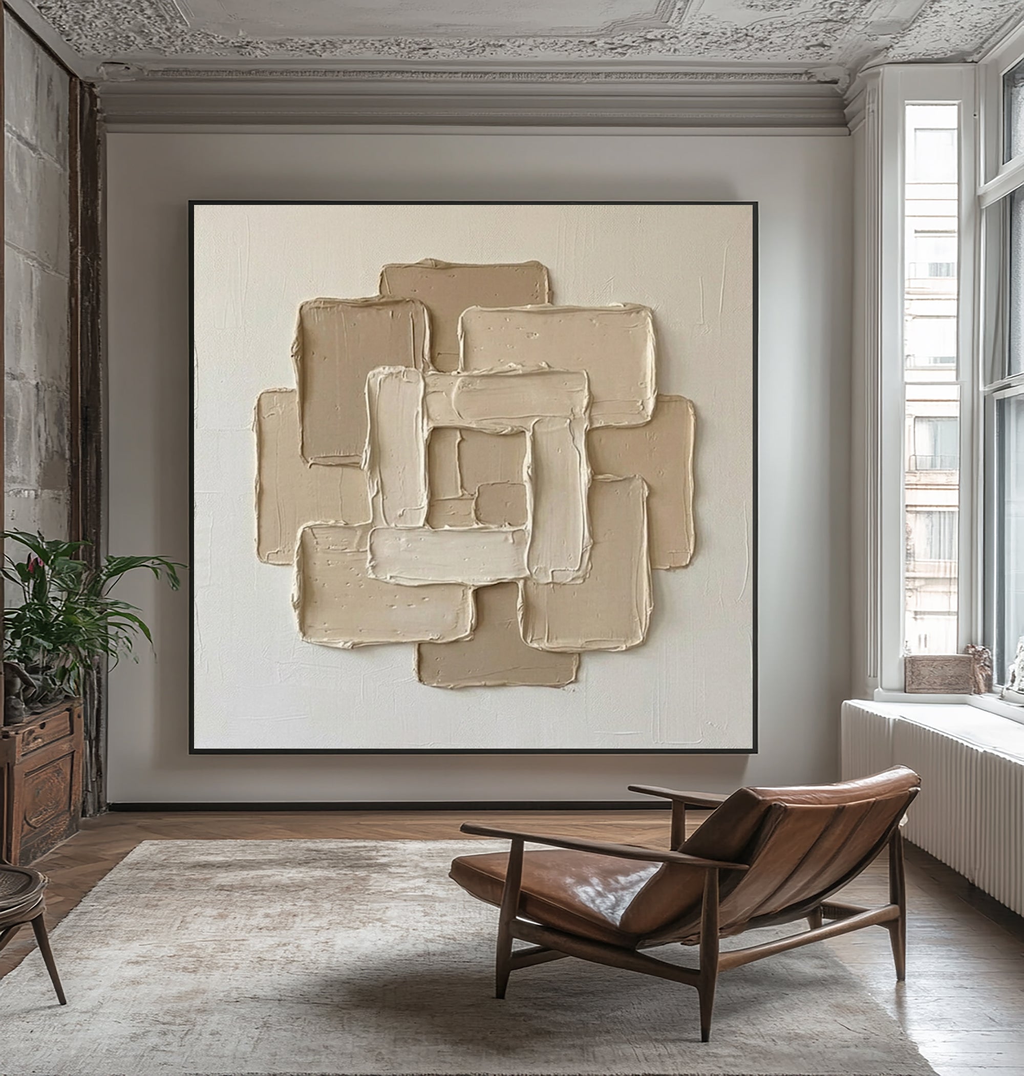 Large Textured Canvas Oil Painting – Minimalist Beige Wall Artwork