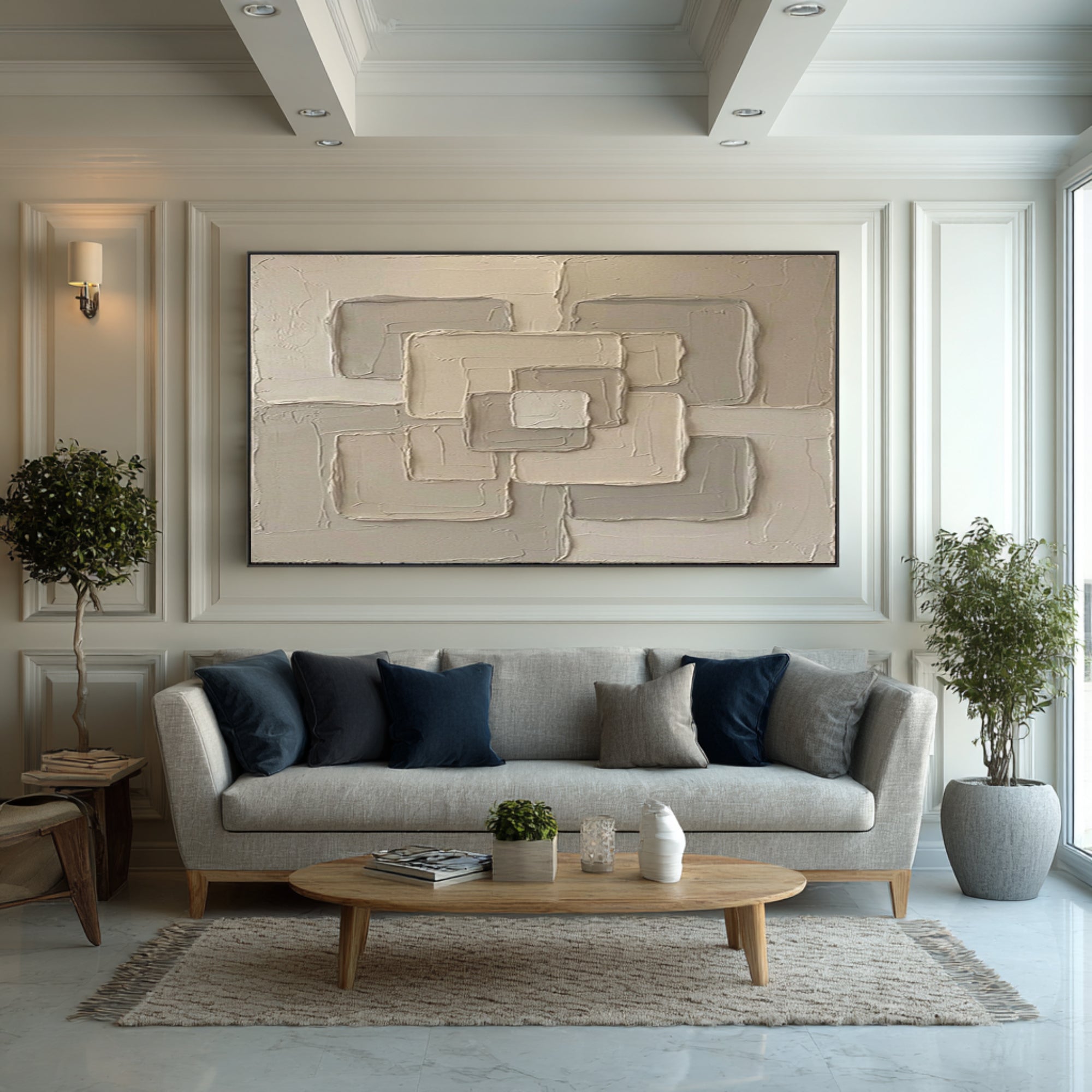 Large Neutral Interlocking Geometric Wall Art Hand Painted Textured Canvas
