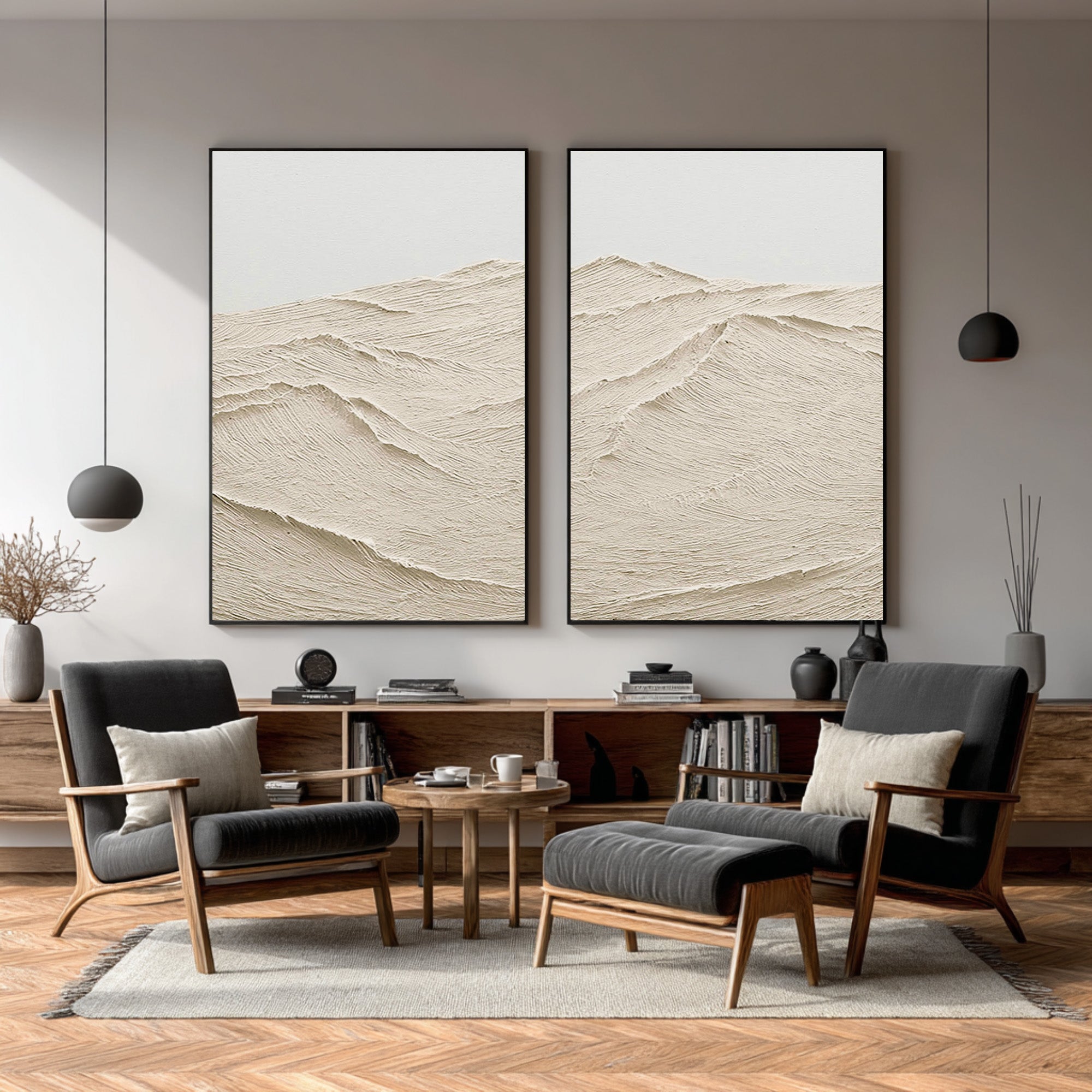 Large Paired Cream Relief Paintings Modern Gallery Style #WG 072