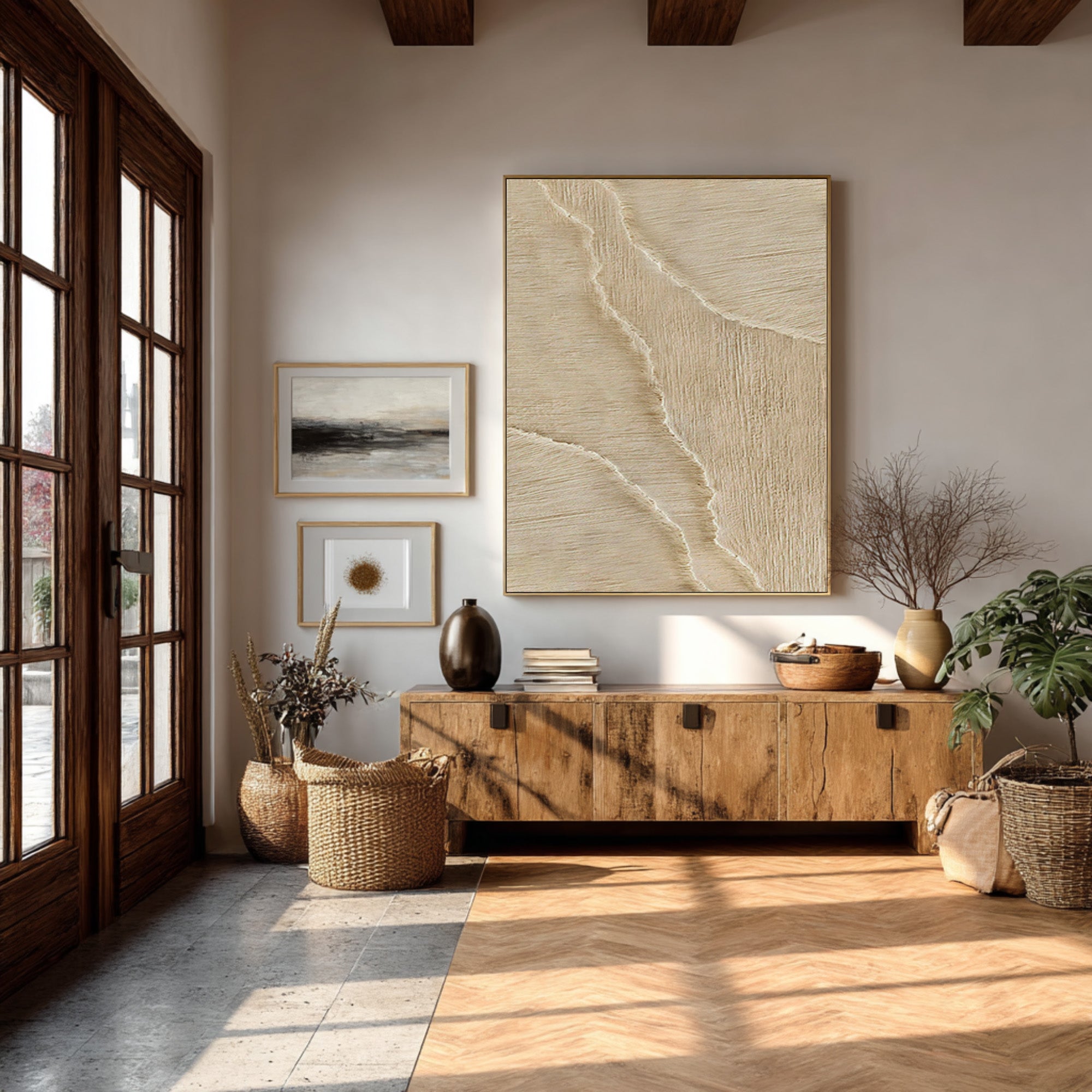 Tall Cream Relief Painting Contemporary Wall Sculpture #WG 069