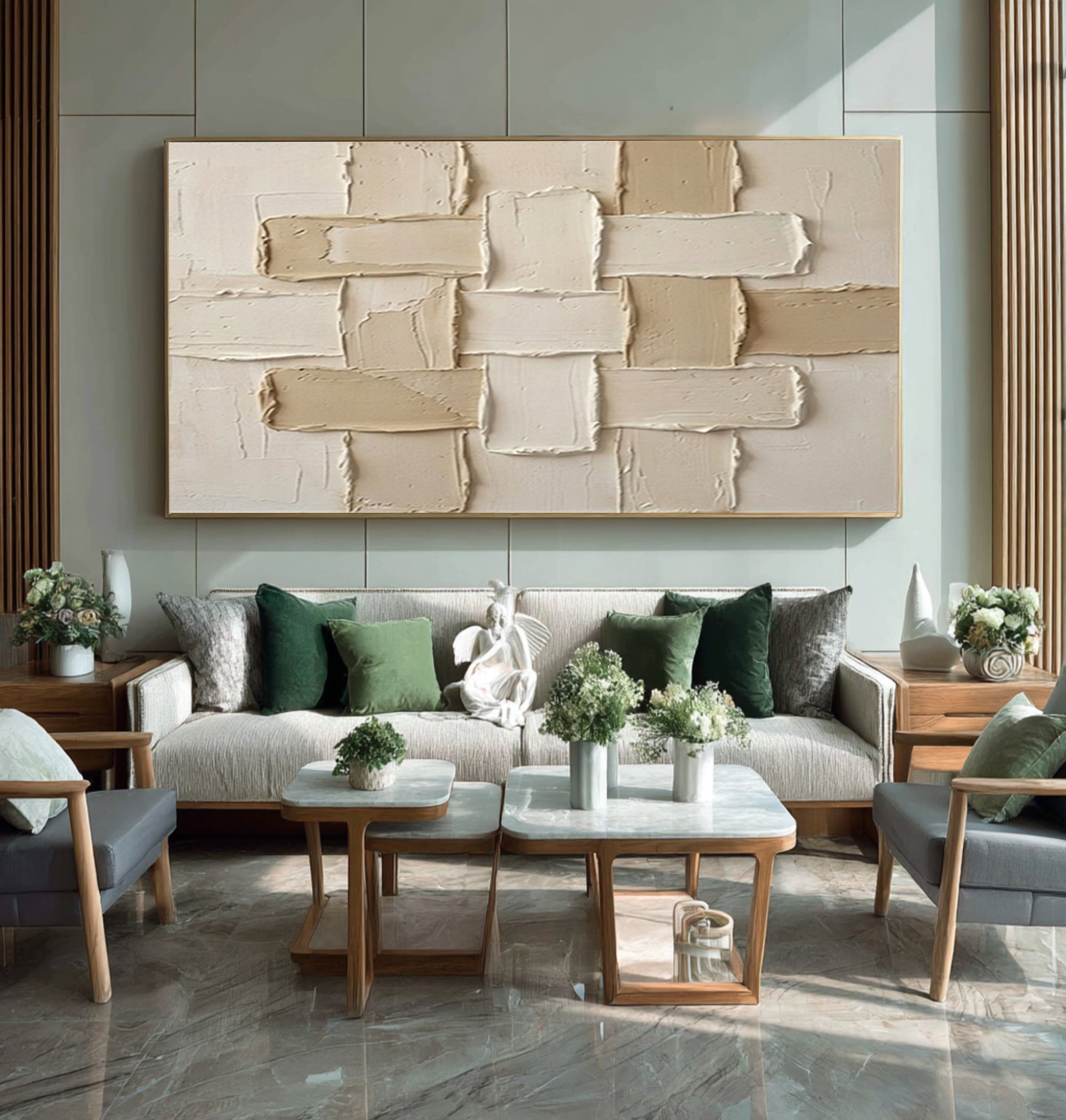 Large Neutral Woven Texture Wall Art Modern Geometric Canvas Painting