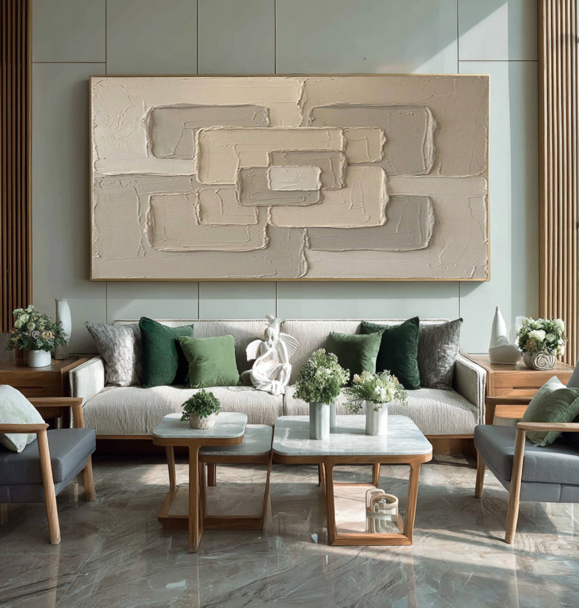 Large Neutral Interlocking Geometric Wall Art Hand Painted Textured Canvas