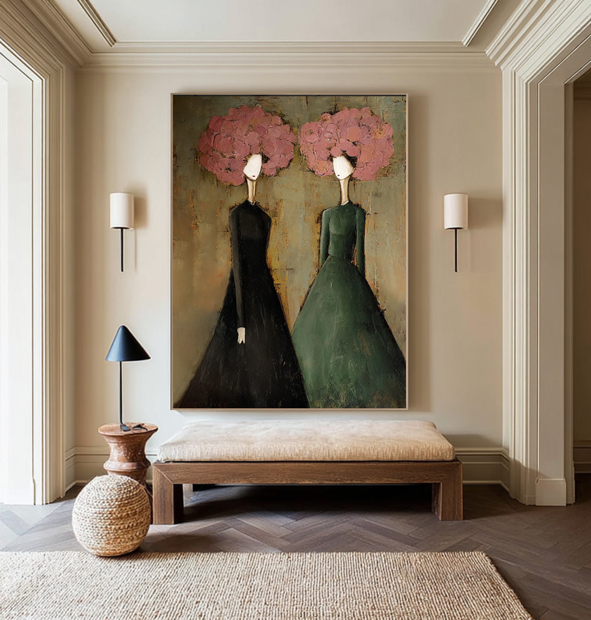 Large Modern Portrait Oil Painting on Canvas – Green Figurative Statement Wall Art #WAC 037