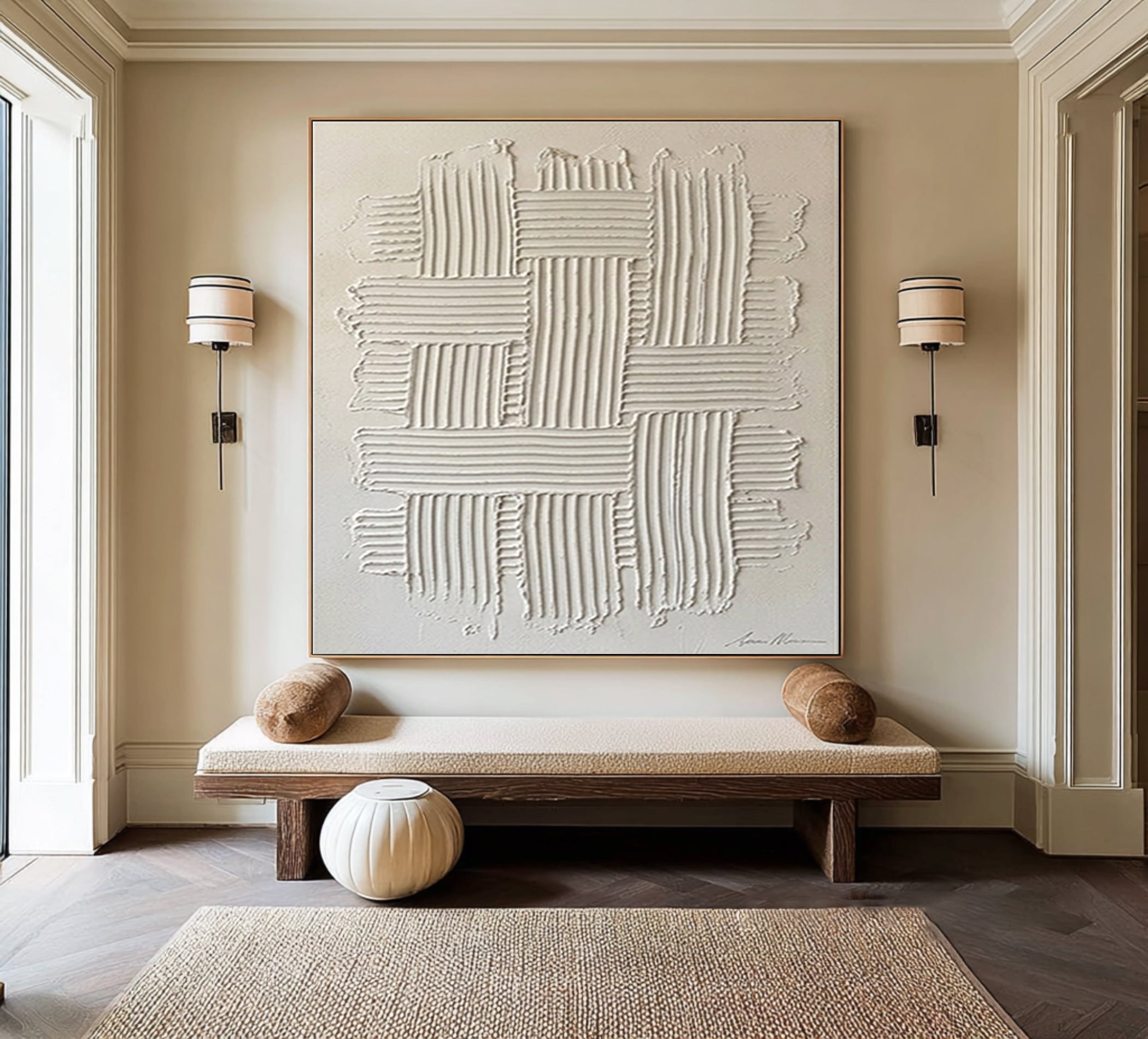 Large Woven Texture Wall Art Hand Painted Neutral Abstract Canvas