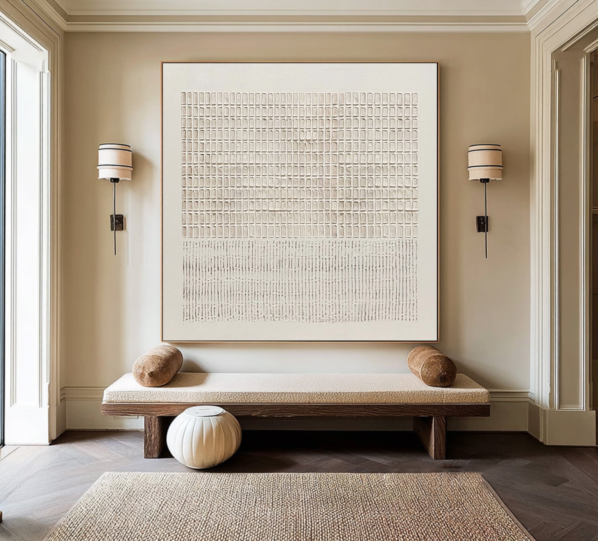 Large Modern Abstract Oil Painting, Beige Textured Grid Wall Art for Contemporary Interiors #WAC 018