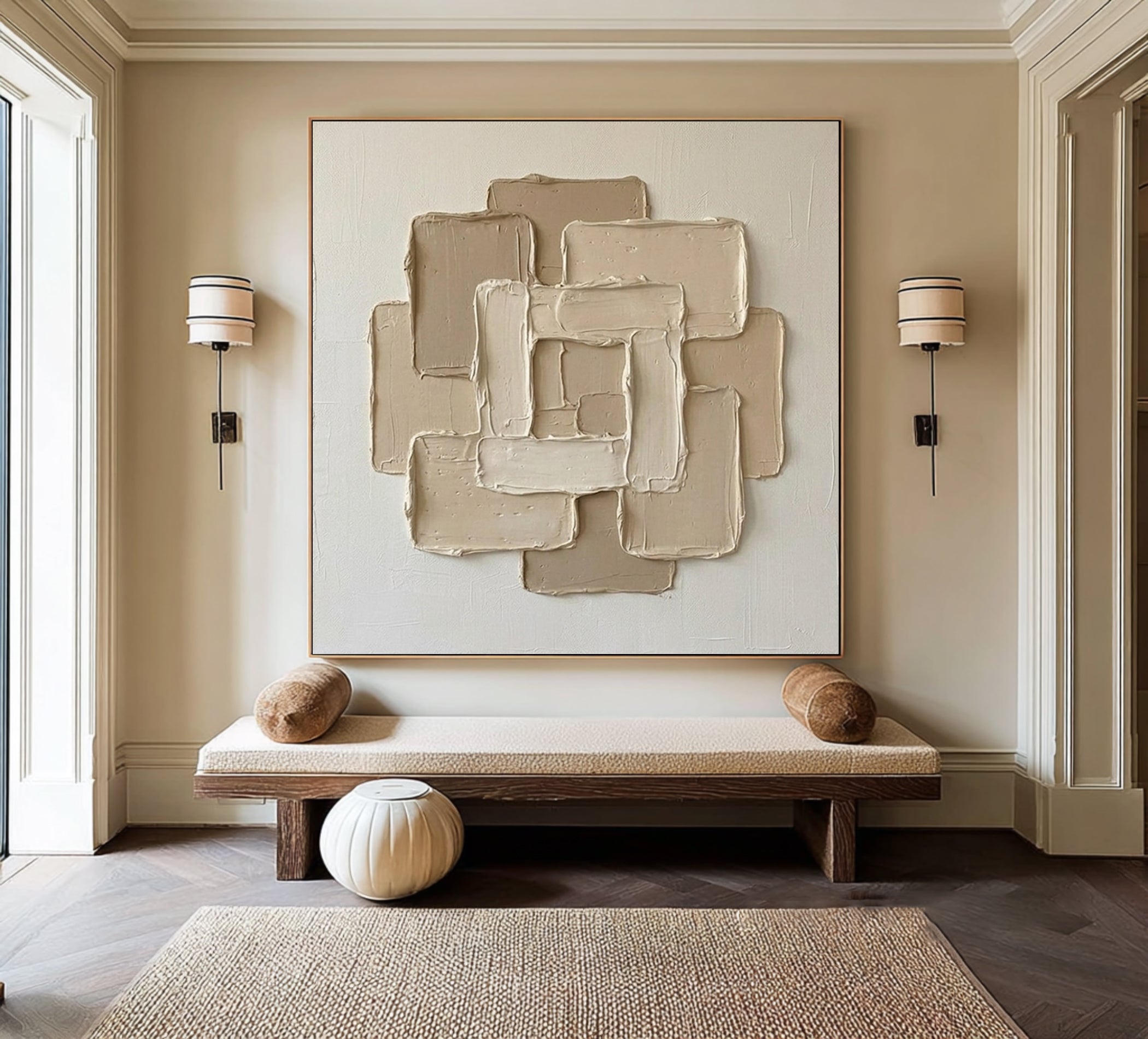 Large Textured Canvas Oil Painting – Minimalist Beige Wall Artwork
