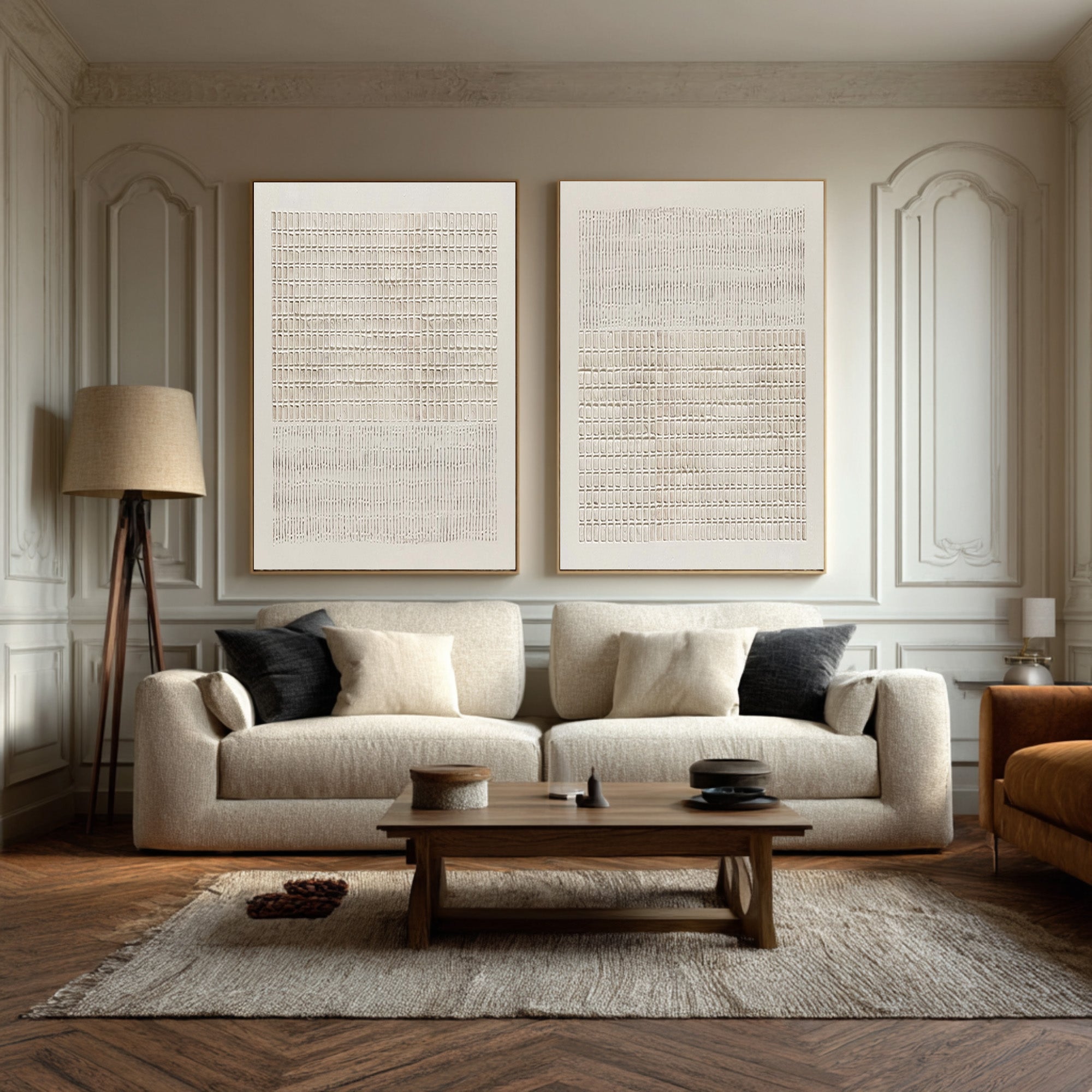 Large Contemporary Abstract Oil Painting Diptych, Beige Grid Textured Wall Art for Modern Interiors #WAC 020