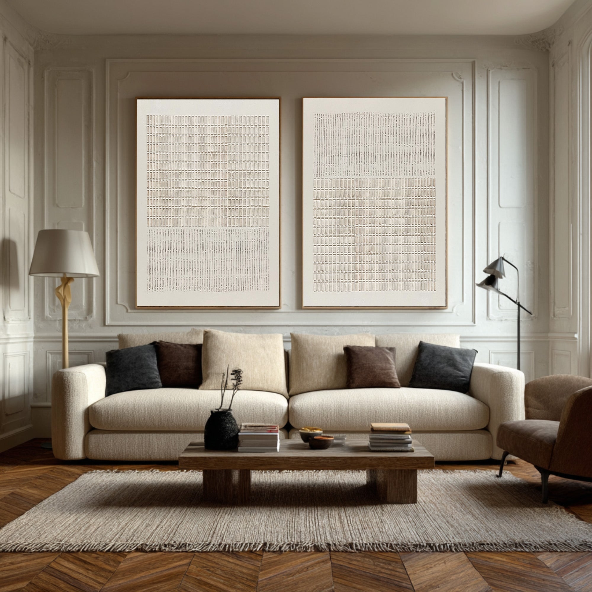 Large Contemporary Abstract Oil Painting Diptych, Beige Grid Textured Wall Art for Modern Interiors #WAC 020