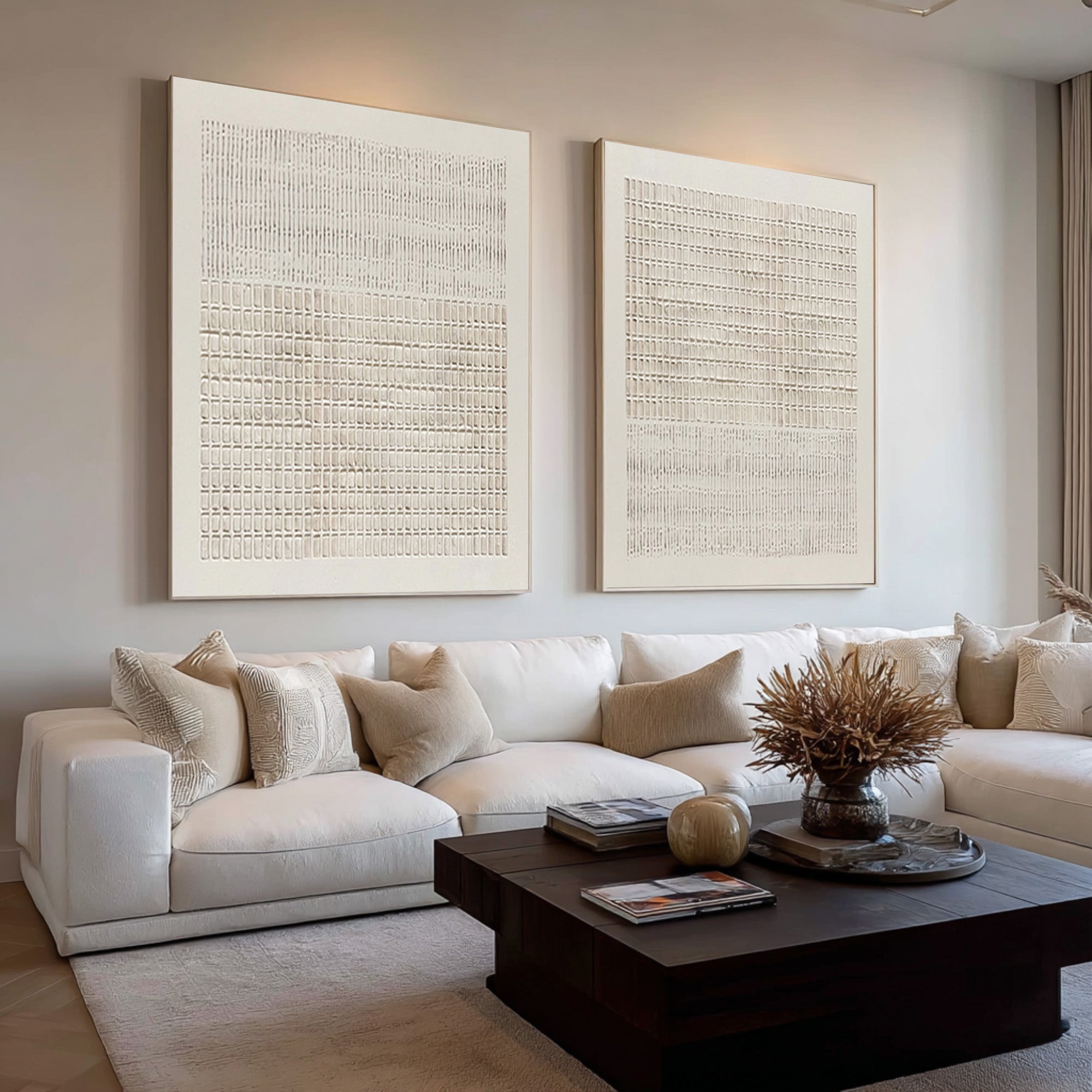 Large Contemporary Abstract Oil Painting Diptych, Beige Grid Textured Wall Art for Modern Interiors #WAC 020