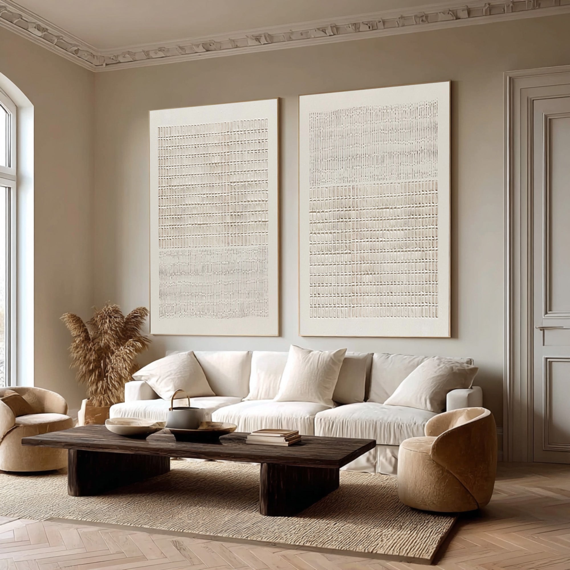 Large Contemporary Abstract Oil Painting Diptych, Beige Grid Textured Wall Art for Modern Interiors #WAC 020