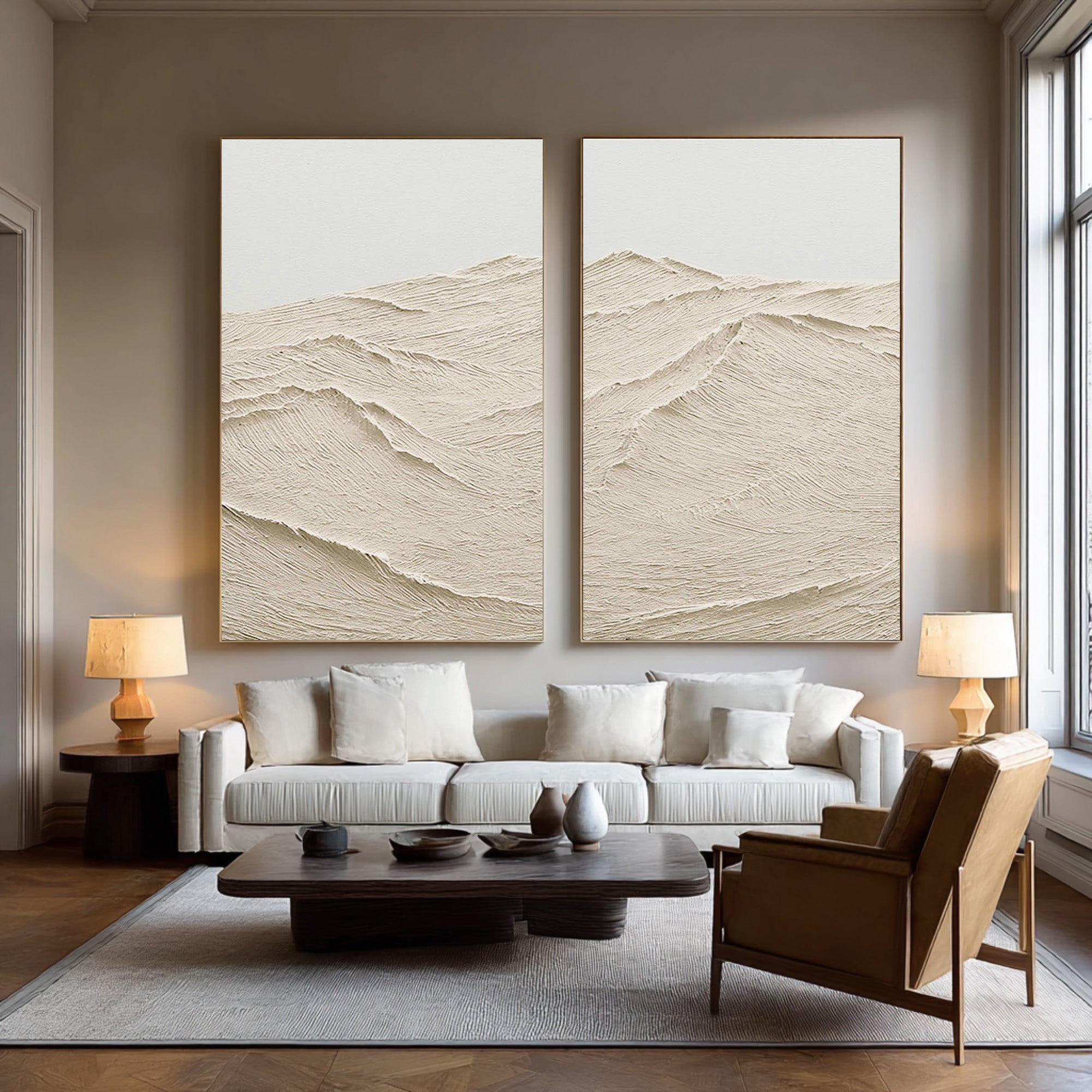 Large Paired Cream Relief Paintings Modern Gallery Style #WG 072