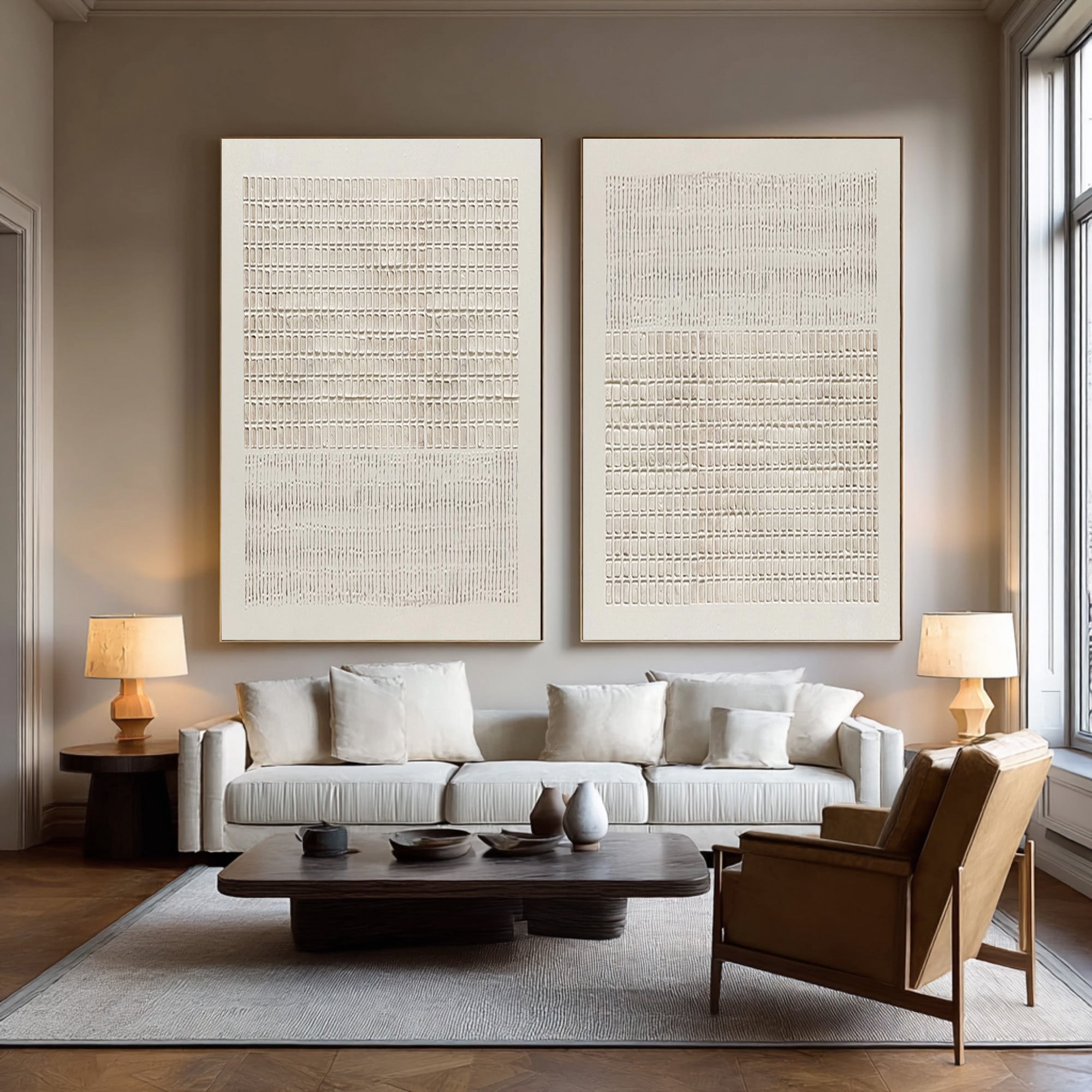 Large Contemporary Abstract Oil Painting Diptych, Beige Grid Textured Wall Art for Modern Interiors #WAC 020