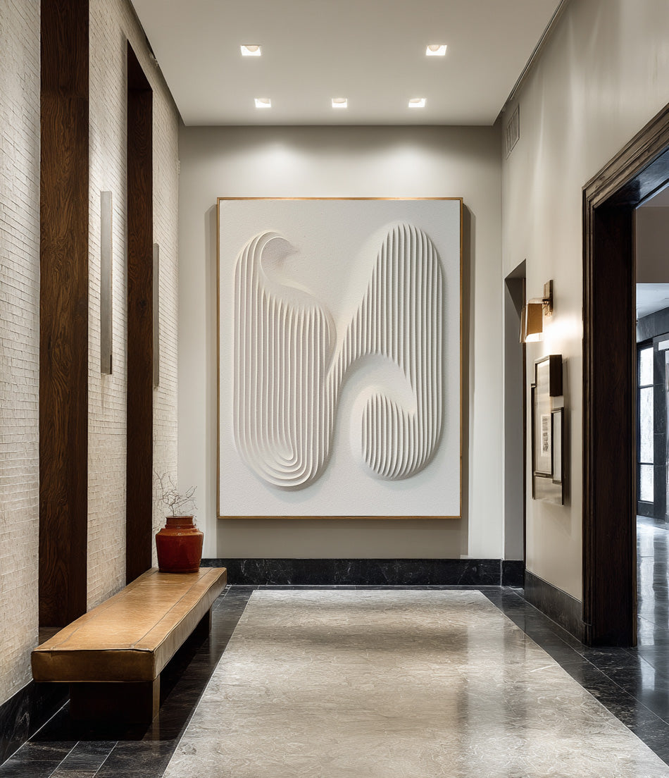Elegant White Textured Relief Painting for Living Room #WG 082