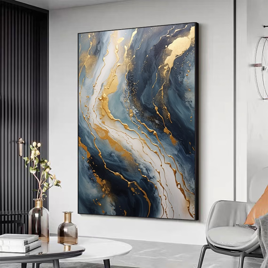 Elegant Flow Abstract Wall Art in Blue and Gold #BGA 056