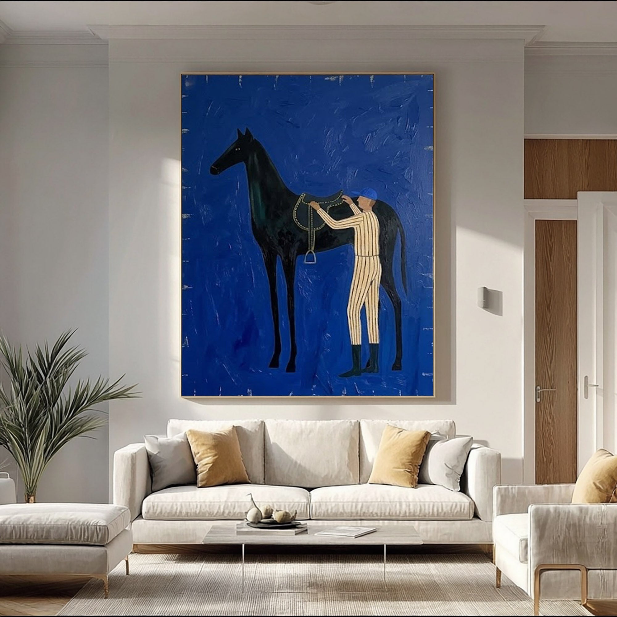 Large Abstract Cowboy Equestrian Oil Painting Blue Wall Art