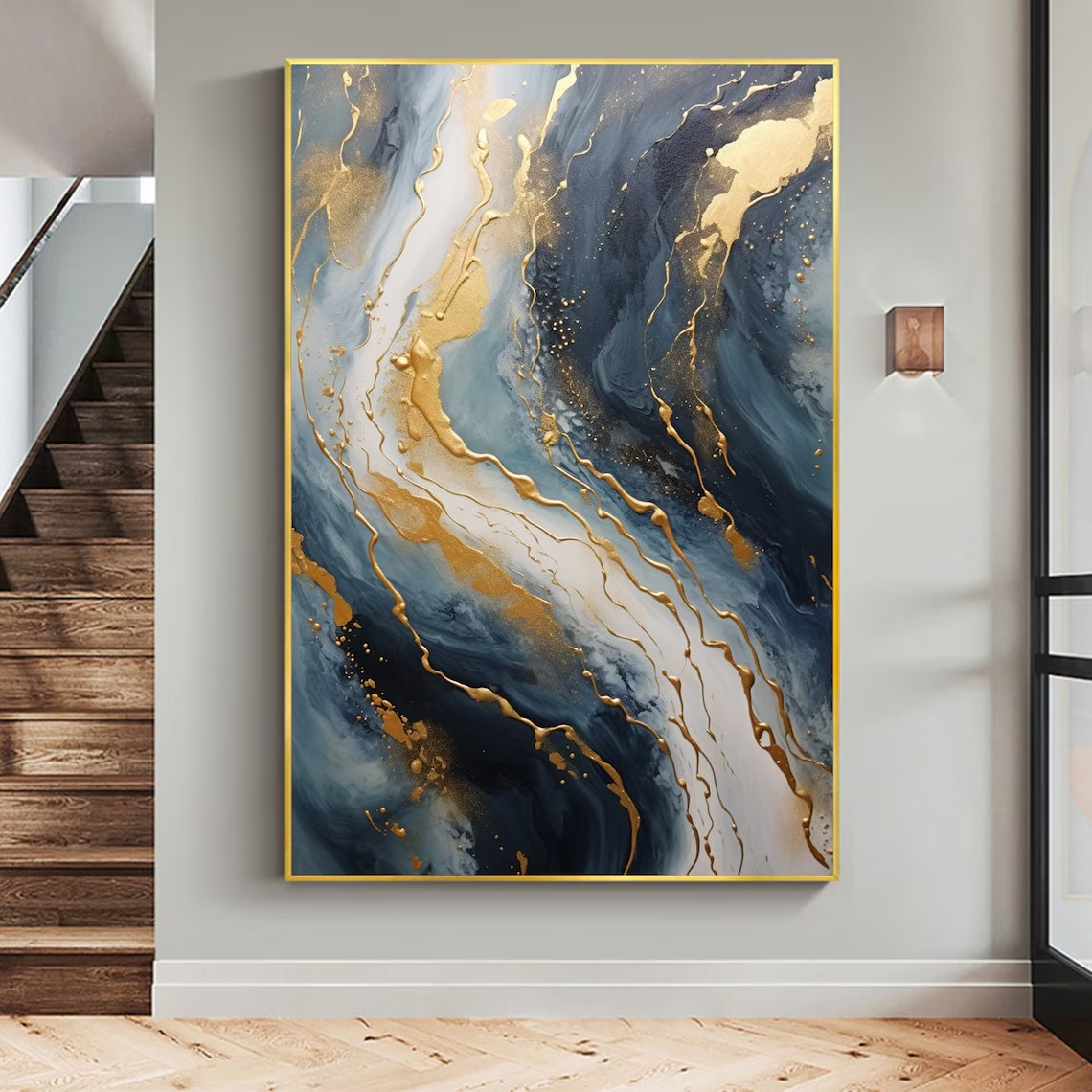 Elegant Flow Abstract Wall Art in Blue and Gold #BGA 056