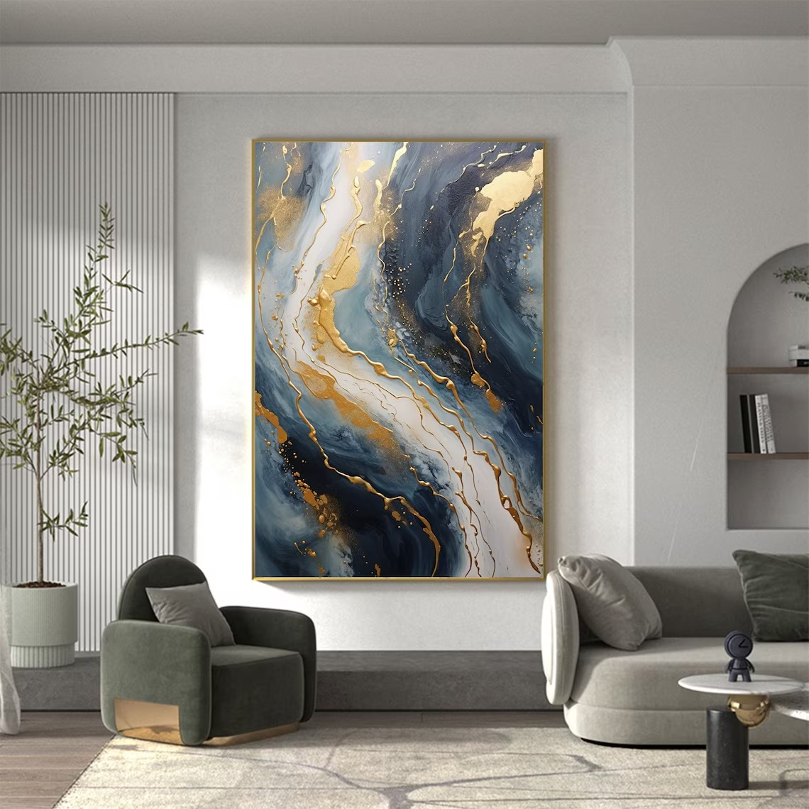 Elegant Flow Abstract Wall Art in Blue and Gold #BGA 056